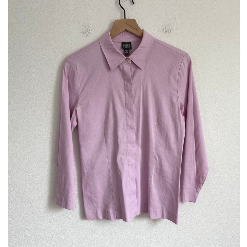 Eileen‎ Fisher Italian Linen Blend Shirt S Purple Minimalist Hidden Button 3/4